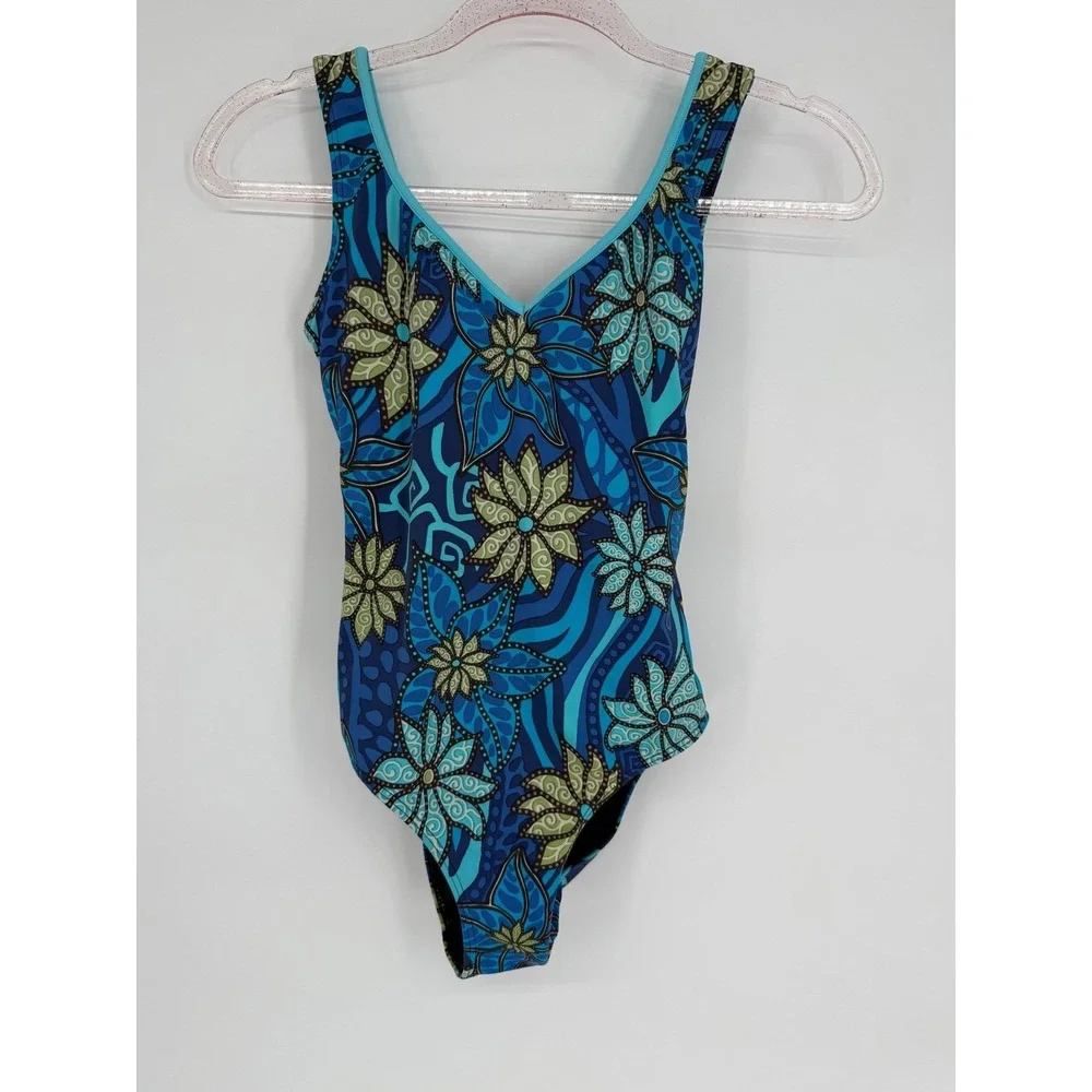 Cavaricci Floral One Piece Swimsuit Blue Green Patterned Swimwear Sz M Vintage‎